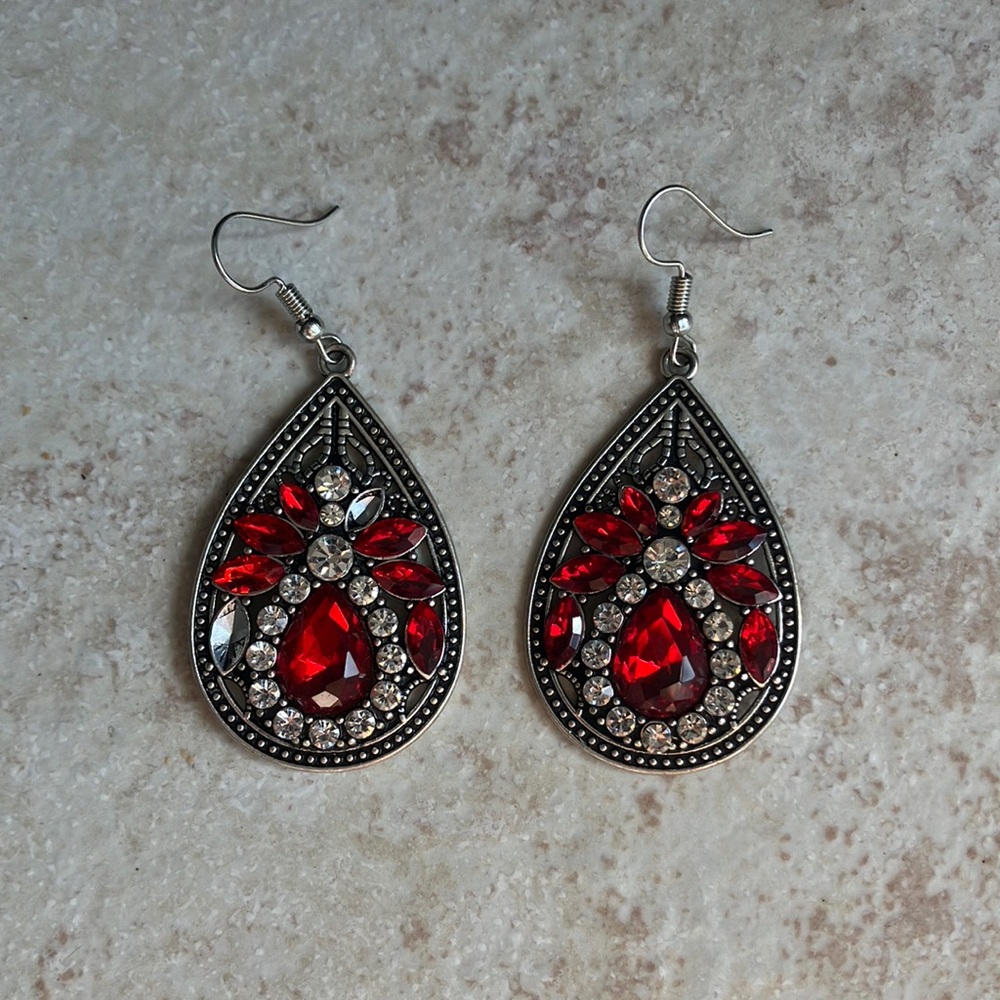 Faux Red Gemstone and Marcasite Earrings